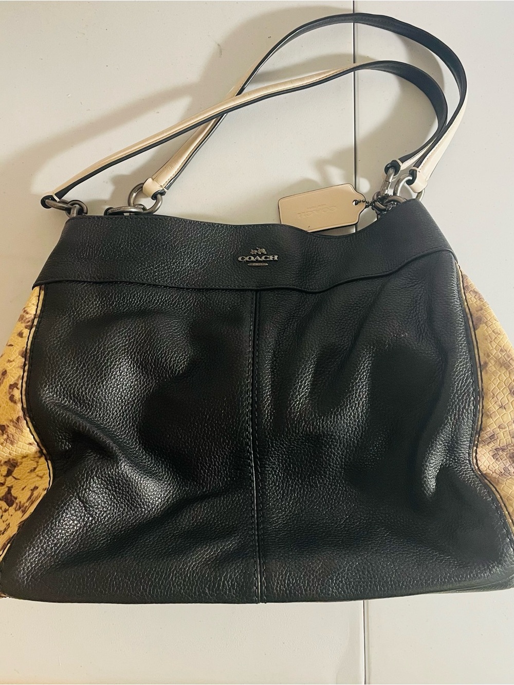 Coach Black Pebbled Leather Shoulder Bag with Cream Snake-Print Sides